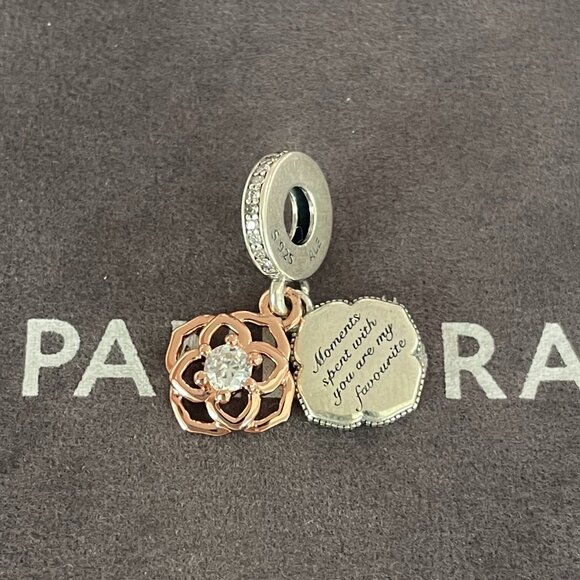 Pandora Two-tone Rose Dangle Charm Moments spent with you are my favourite - Picture 1 of 5